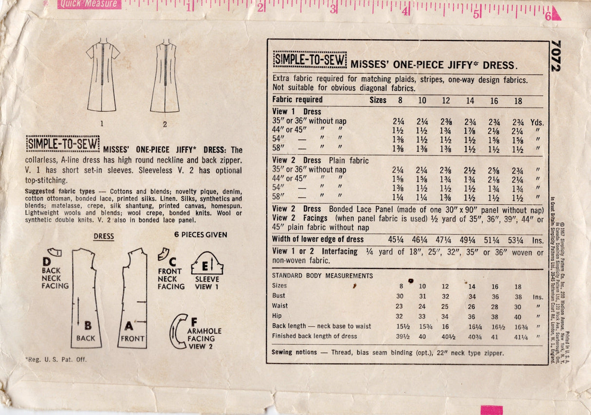 1960's Simplicity JIFFY Dress Pattern - Bust 38" - No. 7072