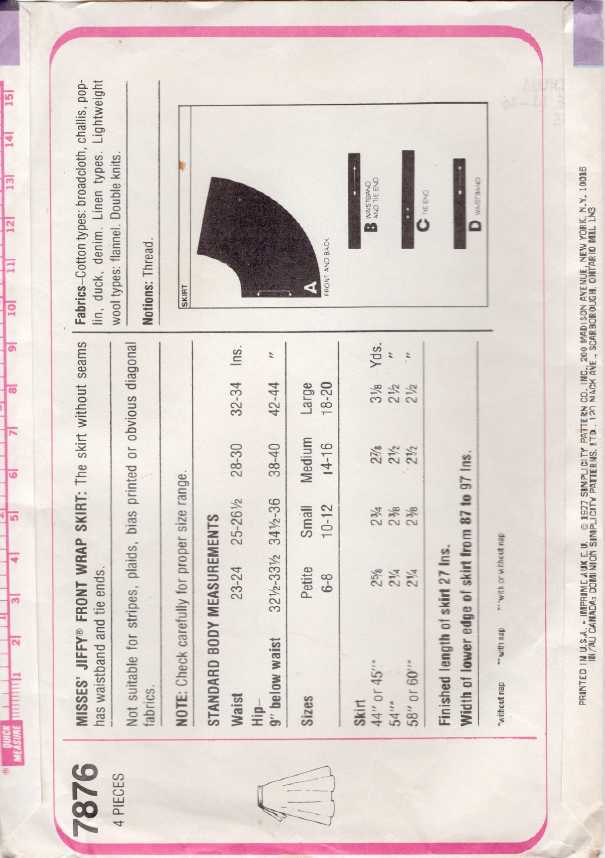 1970's Simplicity JIFFY Wrap Skirt Pattern - Bust 28-30" - No. 7876