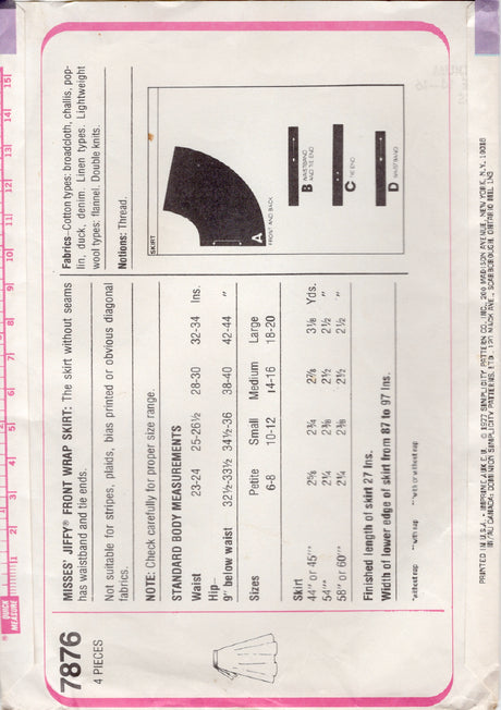 1970's Simplicity JIFFY Wrap Skirt Pattern - Bust 28-30" - No. 7876