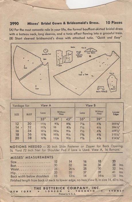 1940's Butterick Wedding Dress - Bust 30" - No. 3990