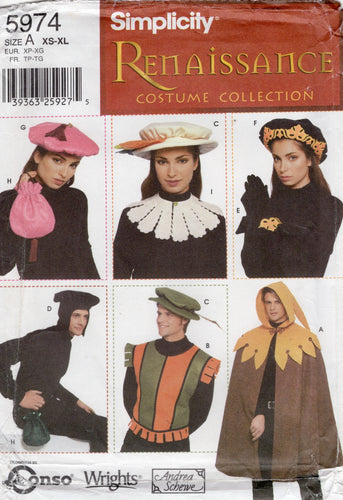 2000's Simplicity Renaissance Costume Collection Hat, Vest, Cape and Bag - ALL SIZES - No. 5974