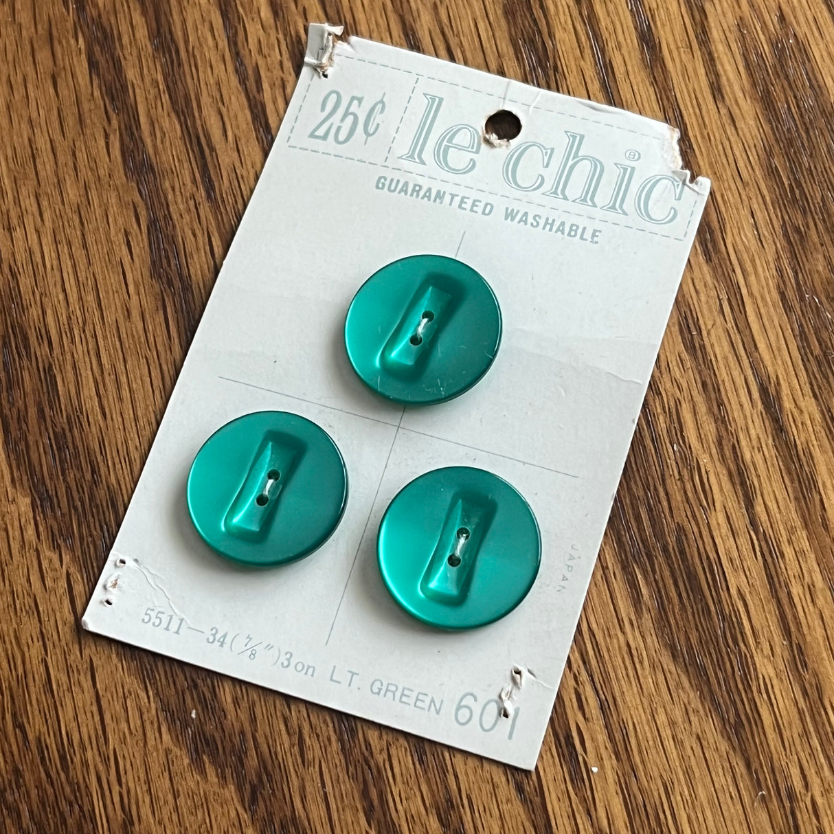 1970’s Le Chic Plastic Buttons - Opalescent Green - Set of 4 - 7/8" -  on card