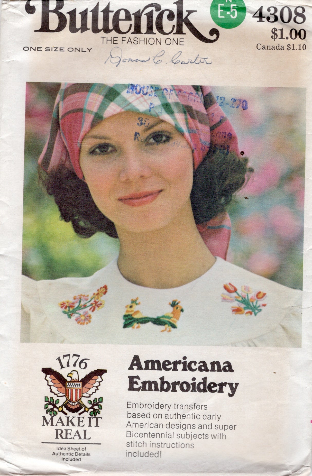 1970's Butterick Americana Embroidery Transfer - One Size - No. 4308