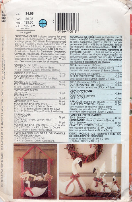 1980's Butterick Christmas Geese Crafts pattern -  No. 5803