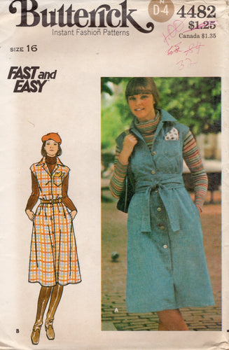 1970's Butterick Button Up Sleeveless Jumper Dress and Obi Belt Pattern- Bust 38