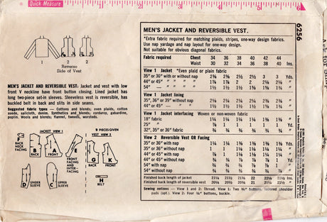 1960's Simplicity Men's Reversible Vest and Jacket Pattern - Chest 40" - No. 6256