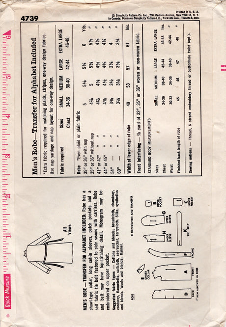 1960's Simplicity Men's Robe Pattern - Chest 38-40" - No. 4739