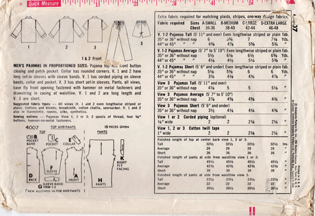 1960's Simplicity Men's Two Piece Pajama Set Pattern - Chest 34-36" - No. 4007