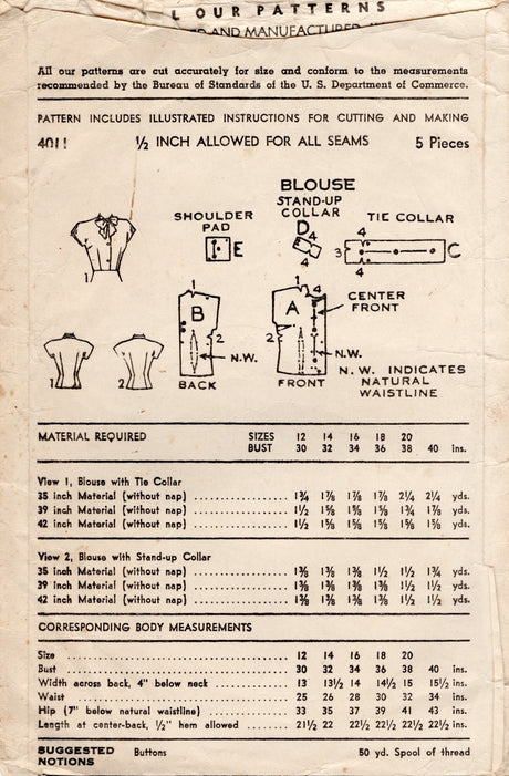 1940's Advance Button Up Blouse Pattern with optional Pussy Bow Collar - Bust 38" - No. 4011