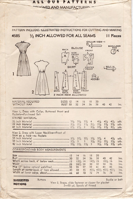 1940's Advance Shirtwaist Dress Pattern with Decorative Yoke and Pockets - Bust 40" - No. 4585