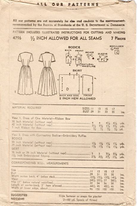 1940's Advance Drop Waist Dress with Gathered Skirt Pattern - Bust 33" - No. 4796