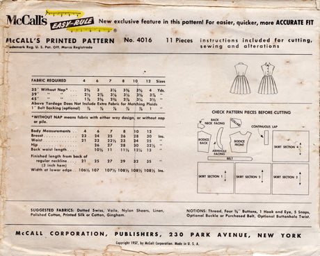1950's McCall's Child's Fit and Flare Shirtwaist Dress Pattern - Chest 28" - No. 4016