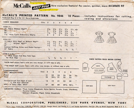 1950's McCall's Child's Wrap Front Dress Pattern with Puff Sleeves - Chest 26" - No. 9846