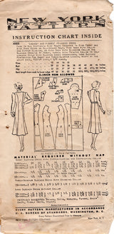 1930's New York Princess Line Zip Front Dress Pattern with Short or Long Sleeves - Bust 36" - No. 1003