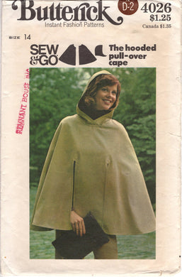 1960's Butterick Sew & Go Hooded Cape Pattern - Bust 36