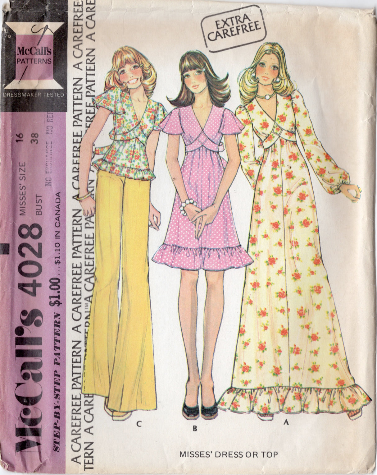 1970's McCall's Midi or Maxi Dress with Bands and Flutter or Long Sleeves Pattern - Bust 38" - No. 4028
