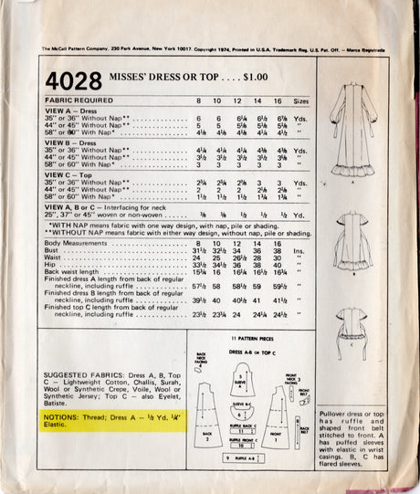 1970's McCall's Midi or Maxi Dress with Bands and Flutter or Long Sleeves Pattern - Bust 38" - No. 4028