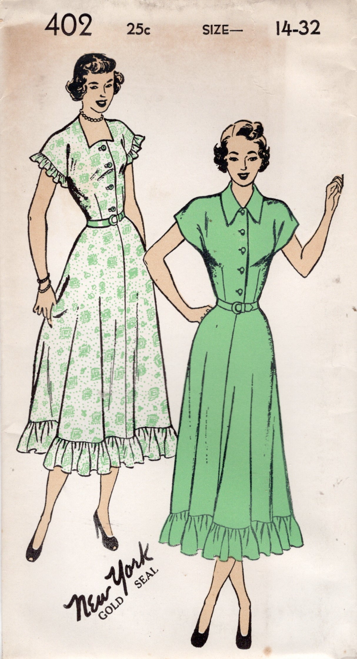 1940's New York Shirtwaist Dress with Large Ruffle and Collar or Cutaway Neckline - Bust 32-36" - No. 402