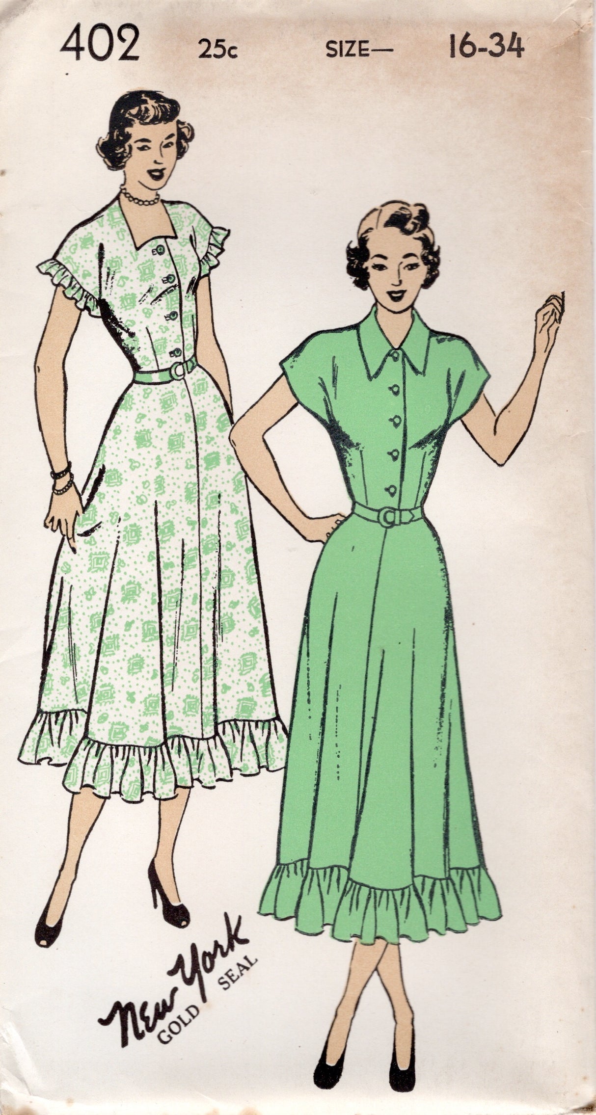 1940's New York Shirtwaist Dress with Large Ruffle and Collar or Cutaway Neckline - Bust 32-36" - No. 402