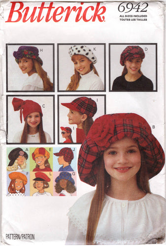 1990's Butterick Child's Beret, Baseball cap and other styles of Hat Pattern - Head sizes: 21.5-22.25-23