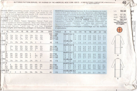 1980's Butterick Straight Double Breasted Coat Pattern - Bust 31.5-34" - UC/FF - No. 4044