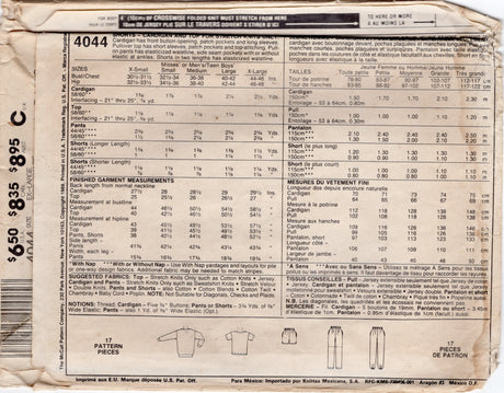 1980's McCall's Cardigan, Pullover Top and Pants or Shorts Pattern - Chest/Bust 44-46" - No. 4044