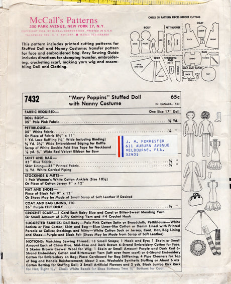 1960's McCall's Mary Poppins Stuffed Doll and Nanny Costume Pattern - 17" doll - No. 7432