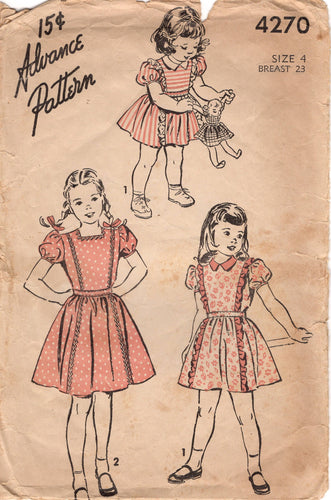 1940's Advance Child's One Piece Tie-Back Dress with Puff Sleeves - Chest 23