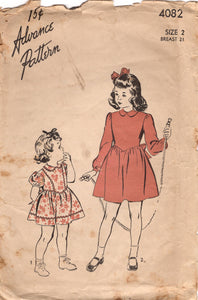 1940's Advance Child's One Piece Tie-Back Dress with Puff Sleeves - Chest 21" - No. 4082