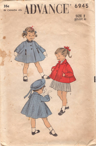 1940's Advance Child's Swing Coat Pattern with pockets - Chest 21