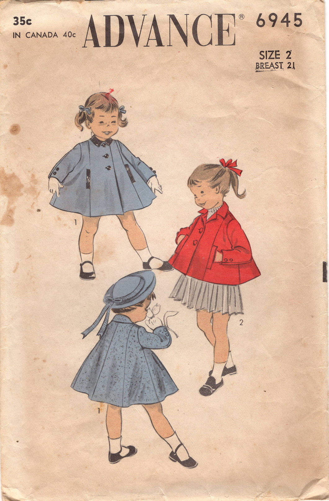 1940's Advance Child's Swing Coat Pattern with pockets - Chest 21