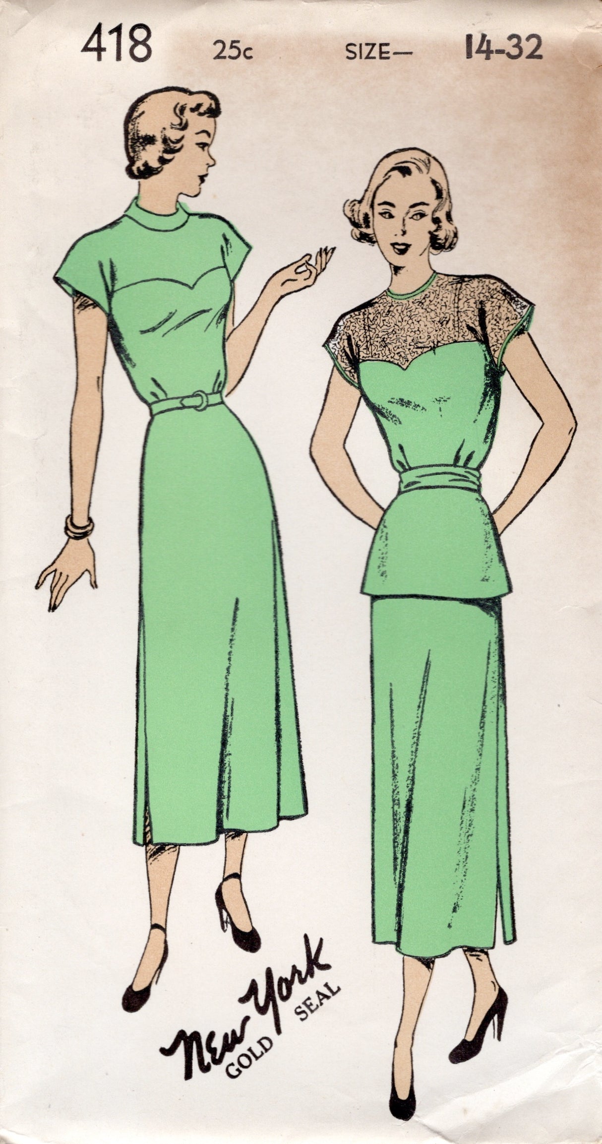 1940's New York One Piece Dress Pattern with Large Sweetheart Yoke and Peplum - Bust 32" - No. 418