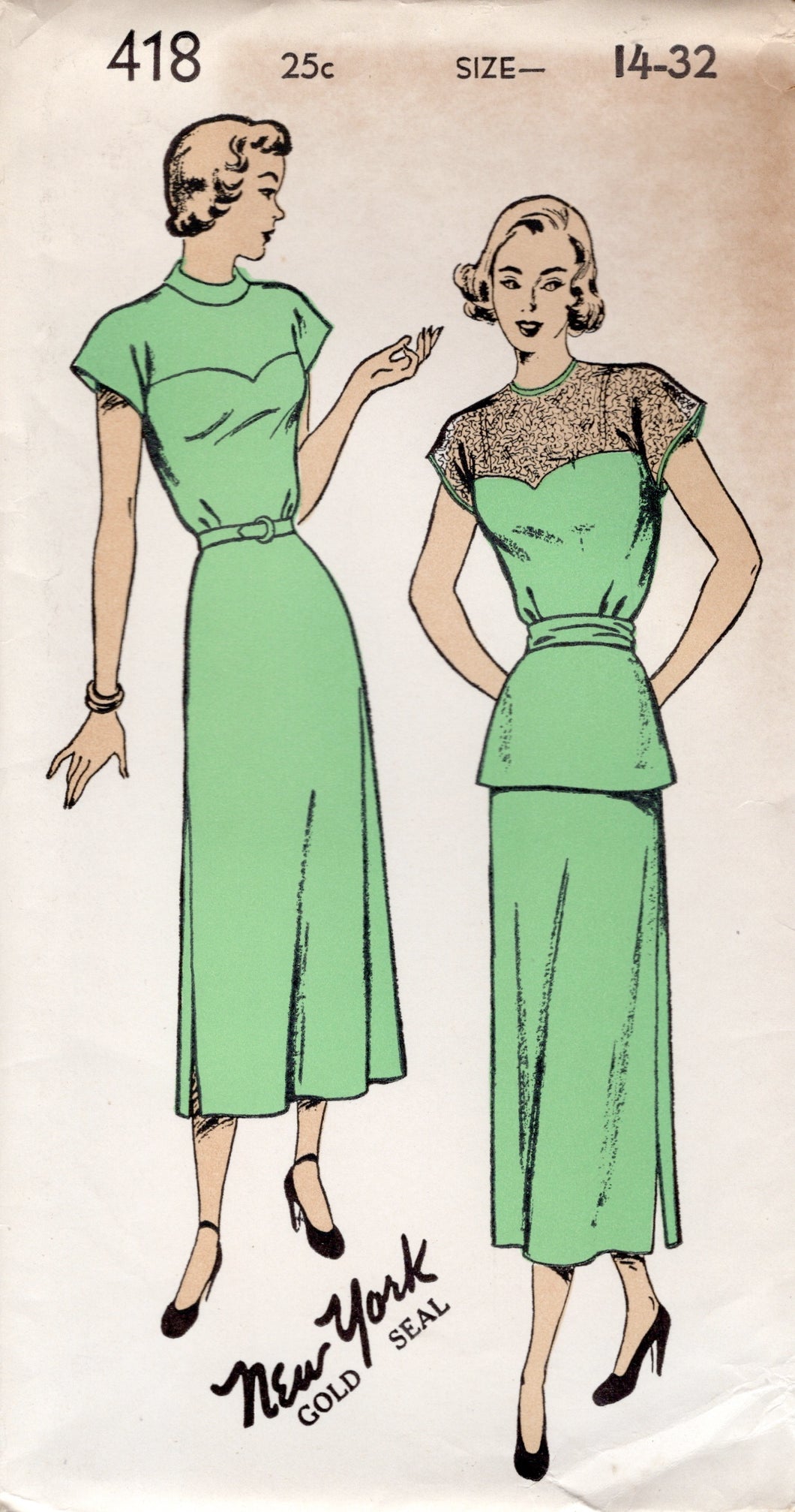 1940's New York One Piece Dress Pattern with Large Sweetheart Yoke and Peplum - Bust 32