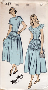 1940's New York One Piece Fit and Flare Dress Pattern with Scallop Collar or High Neckline - Bust 31-35" - No. 417