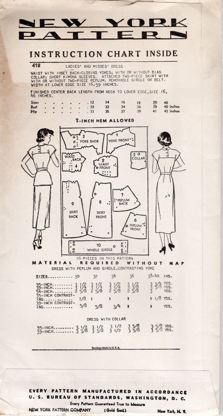 1940's New York One Piece Dress Pattern with Large Sweetheart Yoke and Peplum - Bust 32" - No. 418