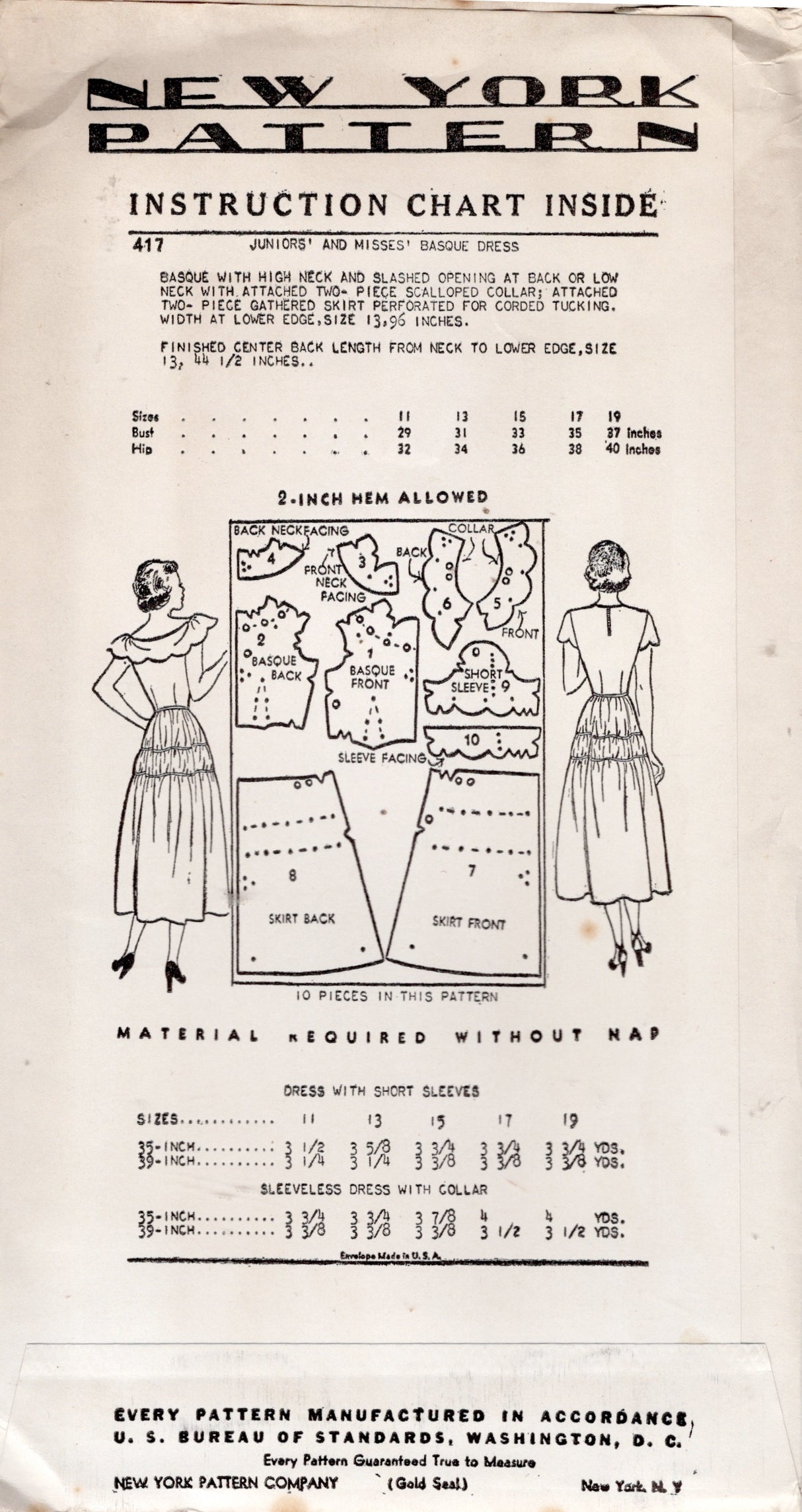 1940's New York One Piece Fit and Flare Dress Pattern with Scallop Collar or High Neckline - Bust 31-35" - No. 417