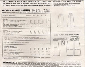 1950's McCall's Straight line Skirt with Pockets and optional raised waistband - Waist 28" - No. 9178