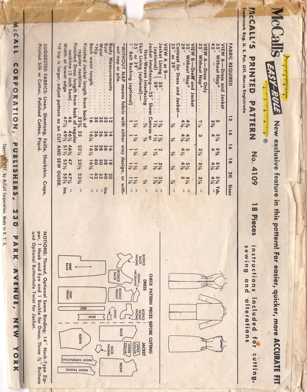 1950's McCall's Sheath Dress Pattern with Boat Neckline and Jacket Pattern - Bust 34" - No. 4109