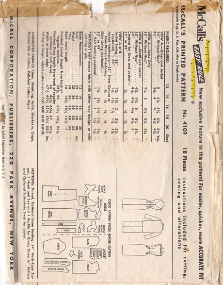 1950's McCall's Sheath Dress Pattern with Boat Neckline and Jacket Pattern - Bust 34" - No. 4109