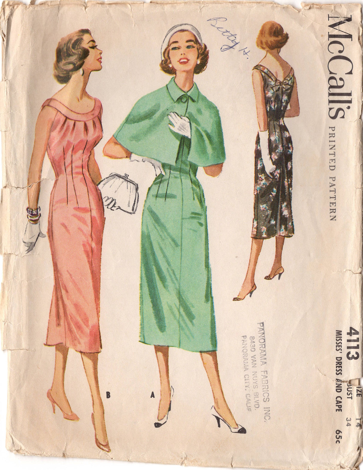 1950's McCall's One-Piece Sheath Dress with Pleated Bodice, Godet inset and Cape pattern - Bust 34" - No. 4133