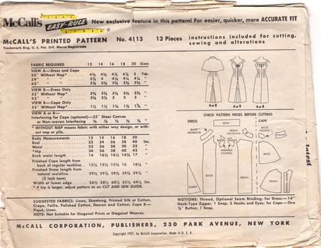 1950's McCall's One-Piece Sheath Dress with Pleated Bodice, Godet inset and Cape pattern - Bust 34" - No. 4133