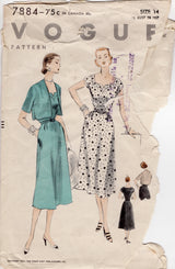 1950’s Vogue One Piece Dress with Notched Double Yoke Neckline and Bolero - Bust 32” - No. 7884