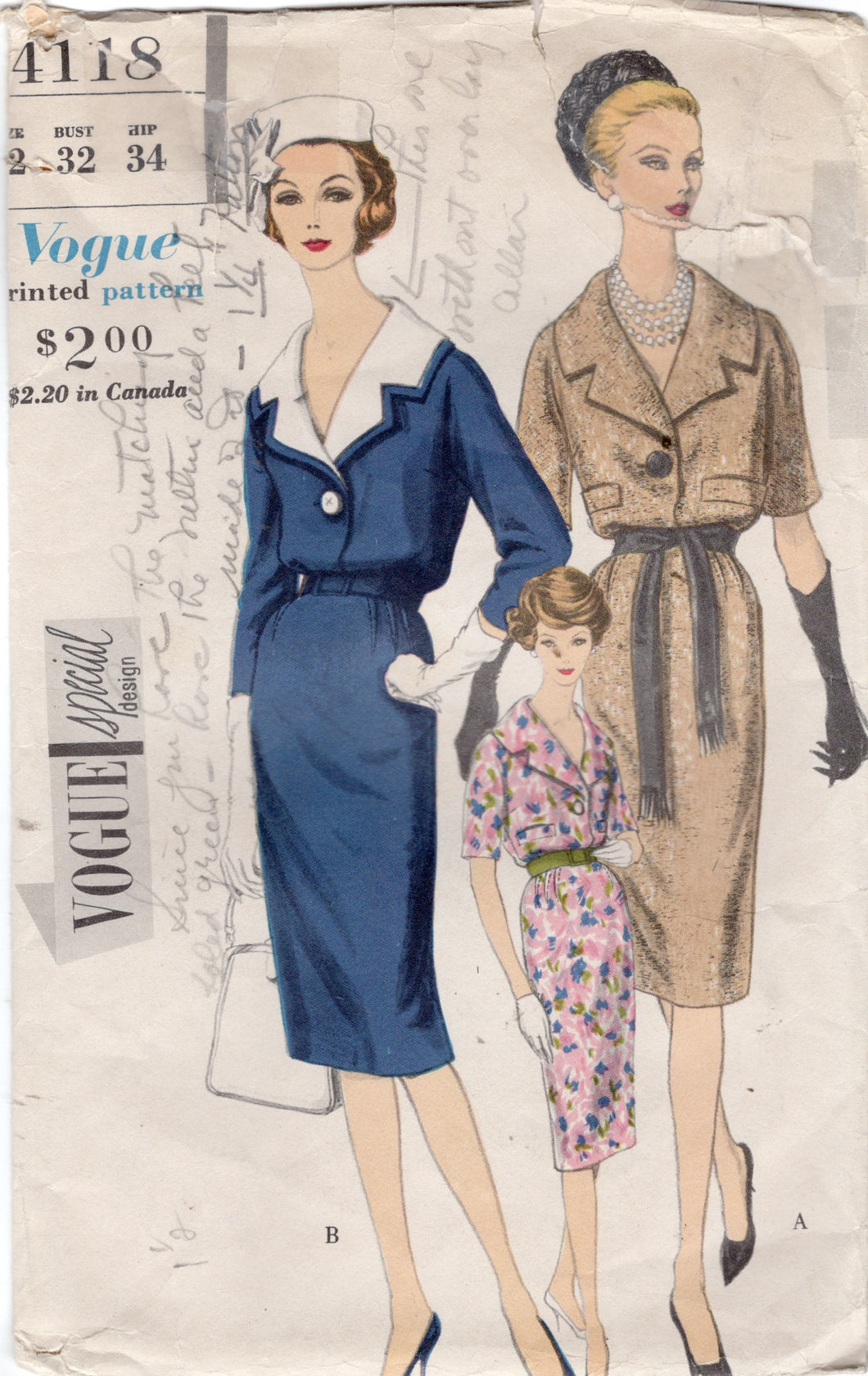 1960's Vogue Sheath Dress Pattern with Large Double Collar - Bust 32