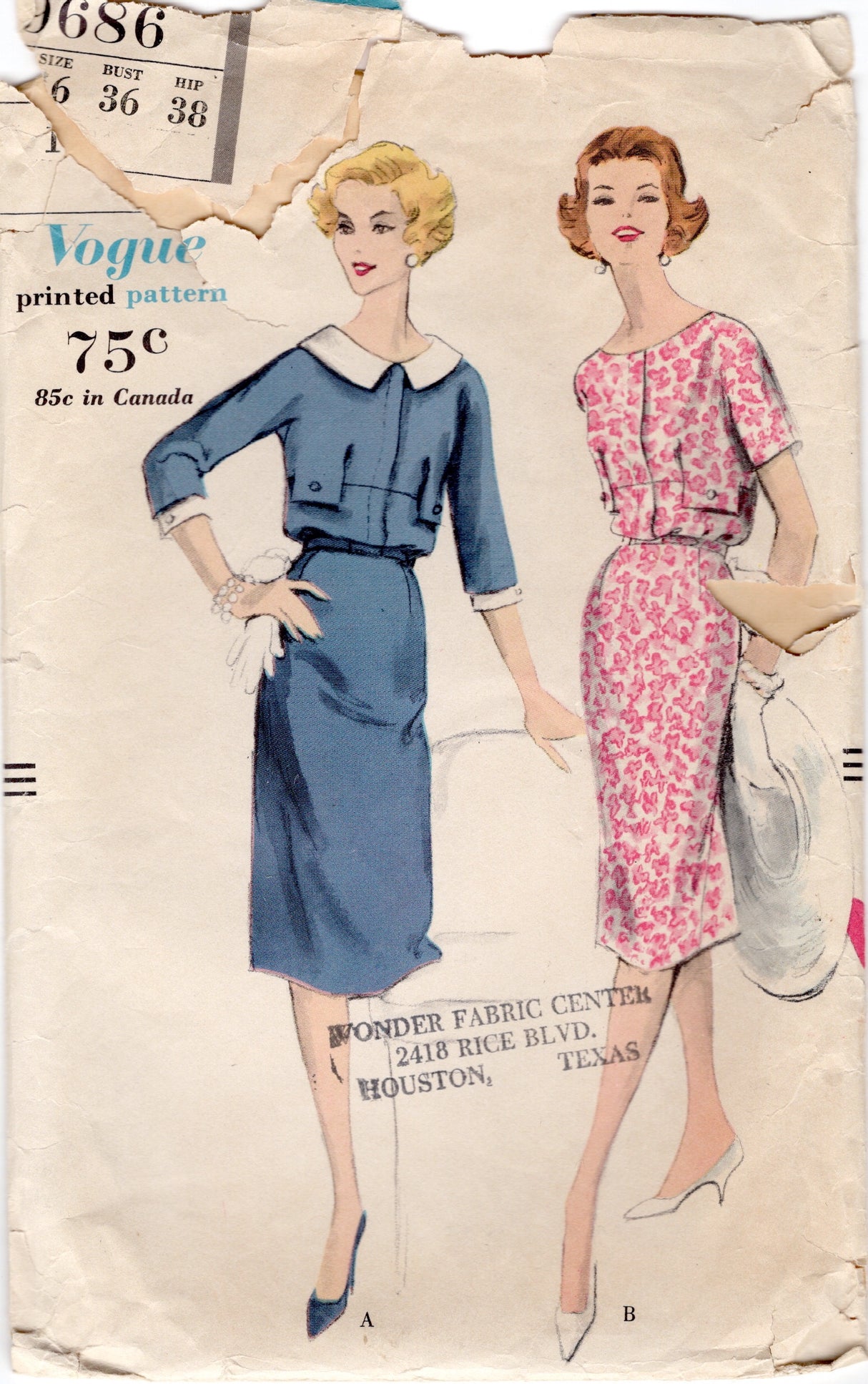 1960's Vogue Sheath Dress Pattern with Accent Flaps, Detachable Cuffs and Collar - Bust 36" - No. 9686