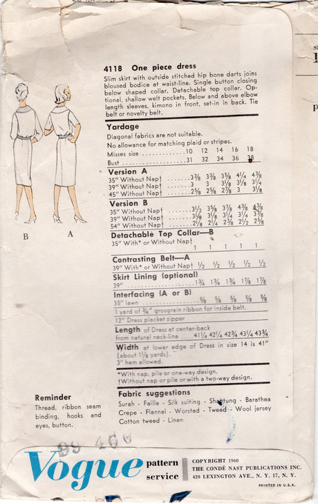 1960's Vogue Sheath Dress Pattern with Large Double Collar - Bust 32" - No. 4118