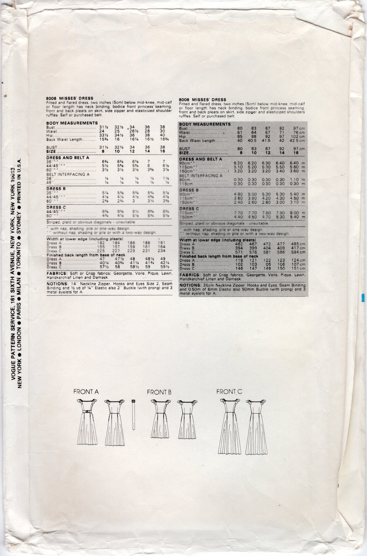 1980's Vogue Fit and Flare Dress Pattern with Ruffle Sleeve - Bust 31.5" - No. 8008