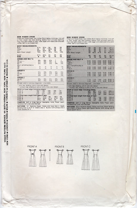 1980's Vogue Fit and Flare Dress Pattern with Ruffle Sleeve - Bust 31.5" - No. 8008