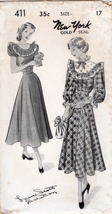 1940's New York by Louise Scott One Piece Dress with Large Ruffle and Puff Sleeves - Bust 31-35" - No. 411