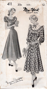 1940's New York by Louise Scott One Piece Dress with Large Ruffle and Puff Sleeves - Bust 31-35" - No. 411