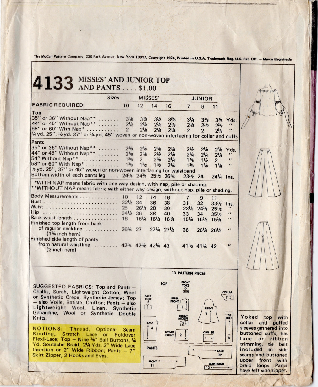1970's McCall's  Peplum Shirt and Wide Leg Pants Pattern - Bust 34" - No. 4133